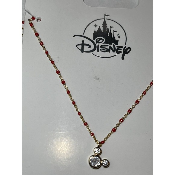 Disney Parks Mickey Mouse Crystal Icon Pendant Necklace Gold and Red Bead Chain - Picture 3 of 3